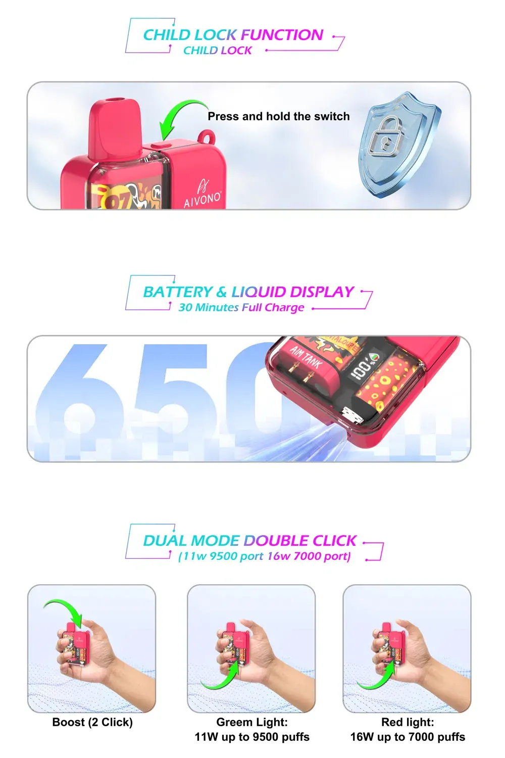 AIVONO AIM TANK 9500 Züge Farbdisplay 0% 2% 3% 5% Nikotin Wiederaufladbar Großhandel Einweg E-Zigarette
