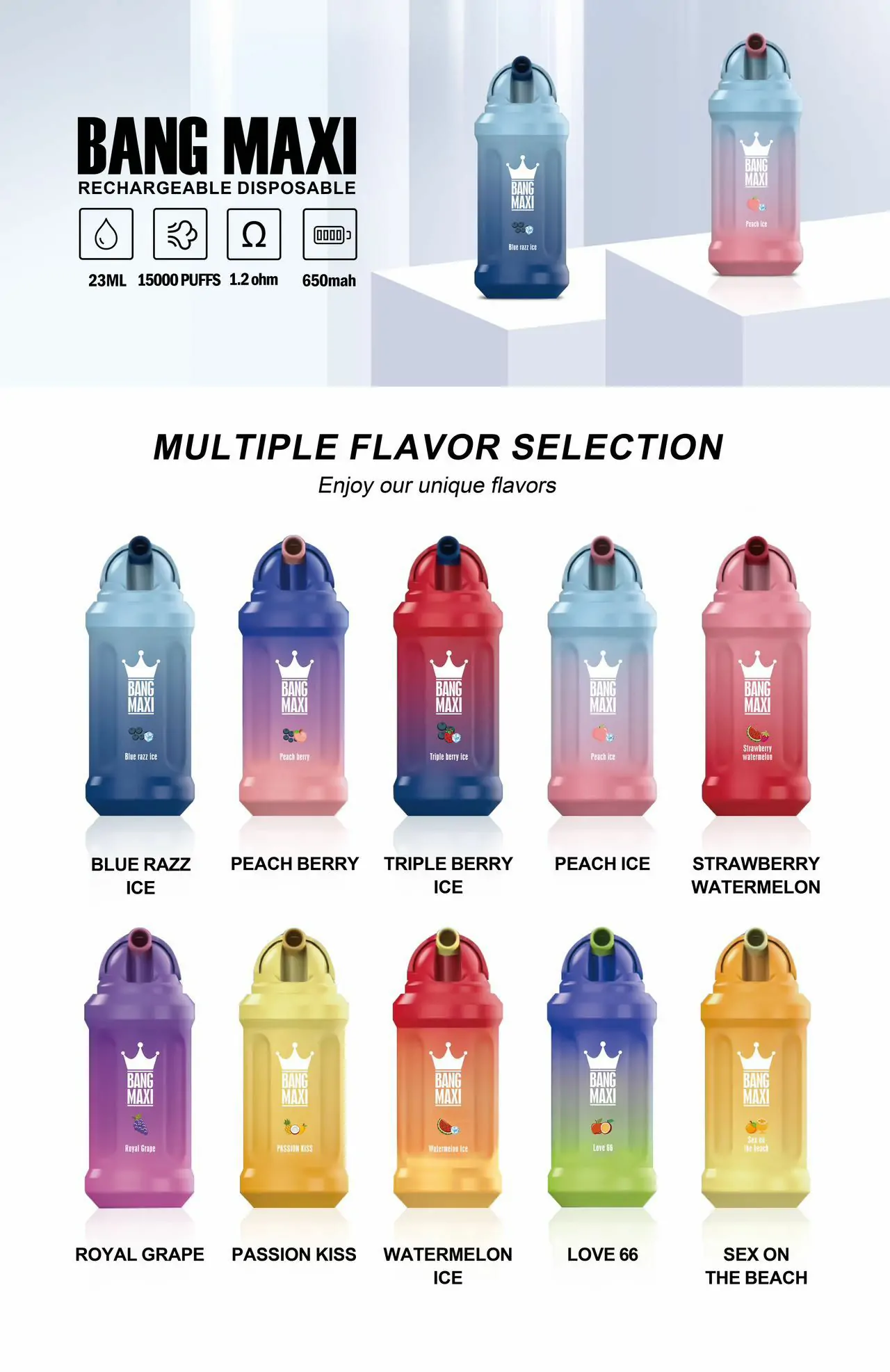 AIVONO BANG MAXI 15000 Züge Ergonomisches Design 0% 2% 3% 5% Nikotin Wiederaufladbar Großhandel Einweg-Dampfer Wholesale