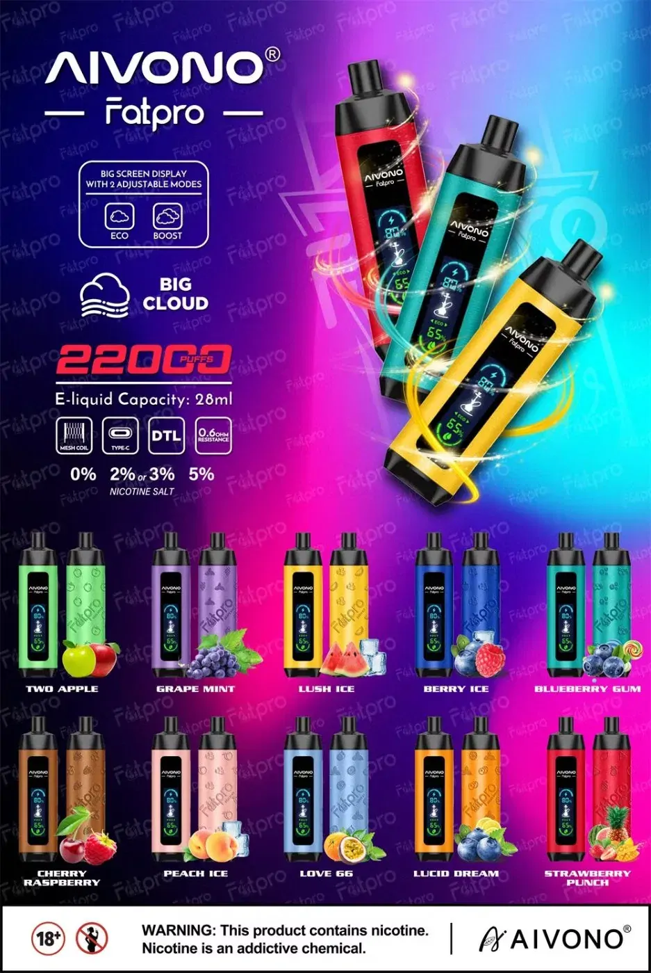 AIVONO Fatpro 22000 Züge Hookah Digitalanzeige DTL 0% 2% 3% 5% Nikotin Einweg-Vape Großhandel wiederaufladbar