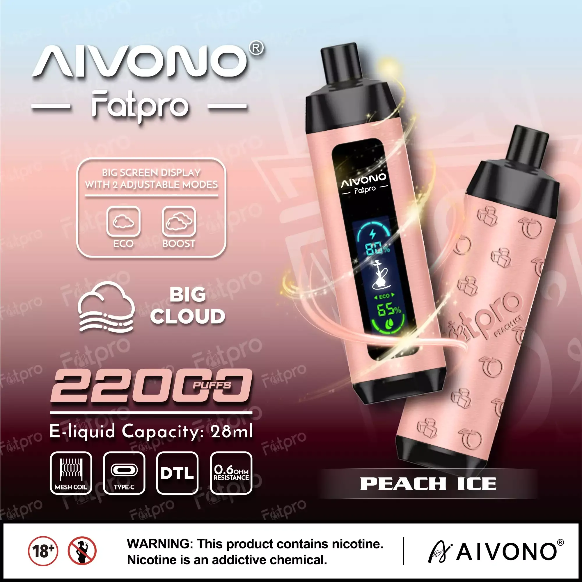 AIVONO Fatpro 22000 Züge Hookah Digitalanzeige DTL 0% 2% 3% 5% Nikotin Einweg-Vape Großhandel wiederaufladbar – Bild 6