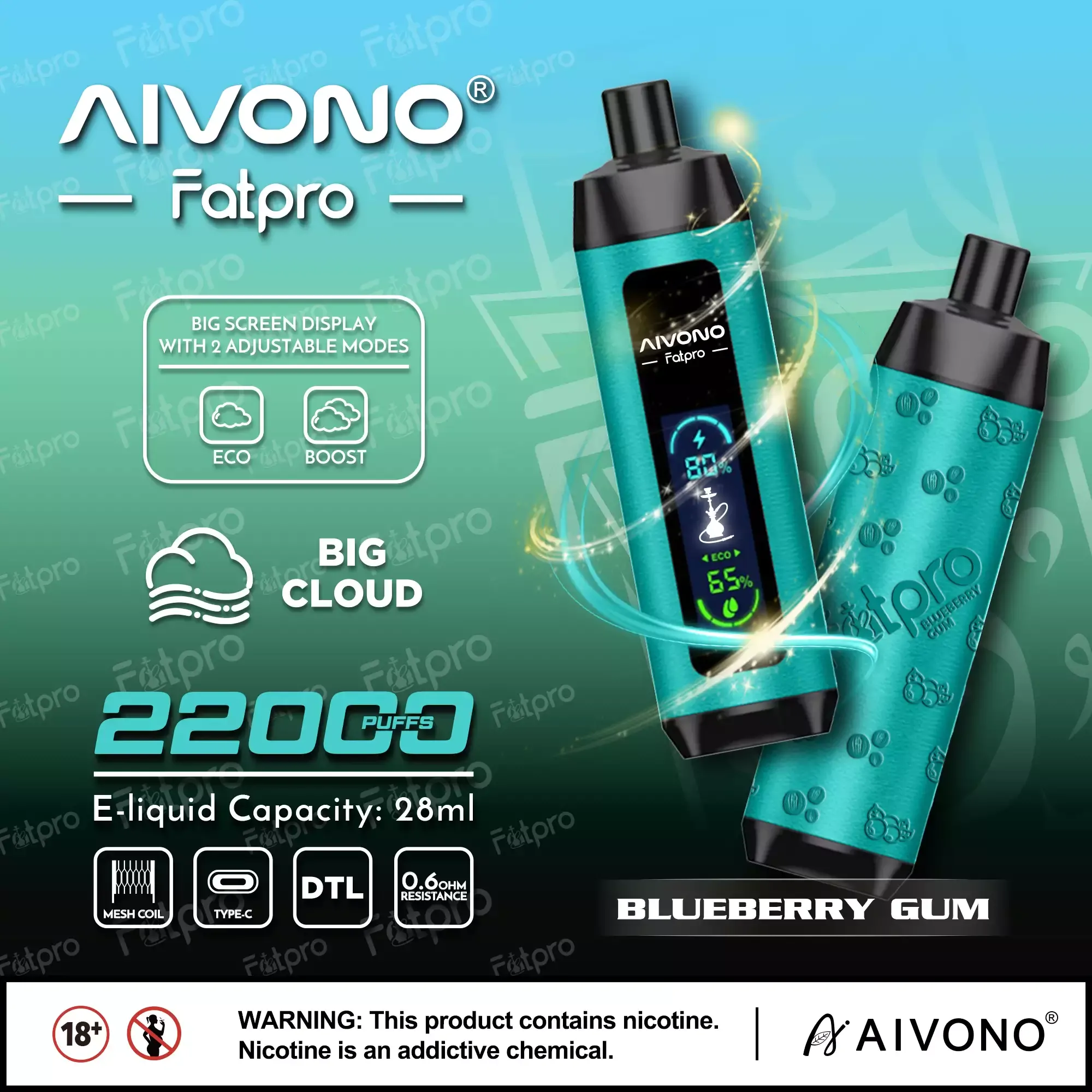 AIVONO Fatpro 22000 Züge Hookah Digitalanzeige DTL 0% 2% 3% 5% Nikotin Einweg-Vape Großhandel wiederaufladbar – Bild 8