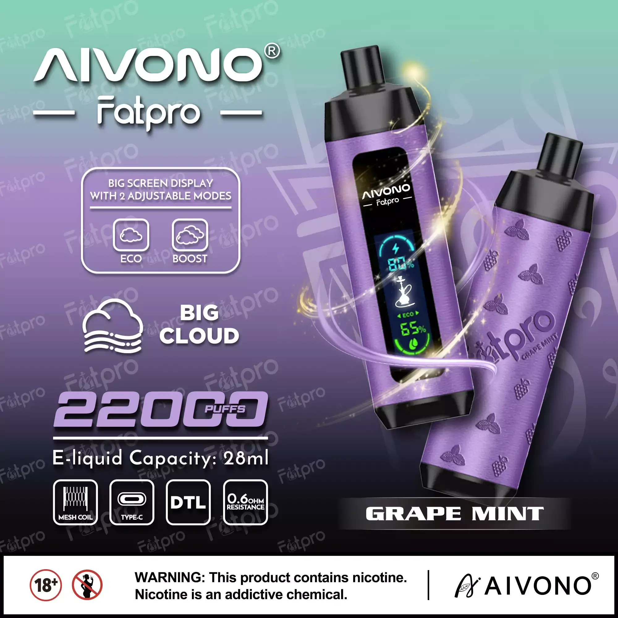 AIVONO Fatpro 22000 Züge Hookah Digitalanzeige DTL 0% 2% 3% 5% Nikotin Einweg-Vape Großhandel wiederaufladbar – Bild 7