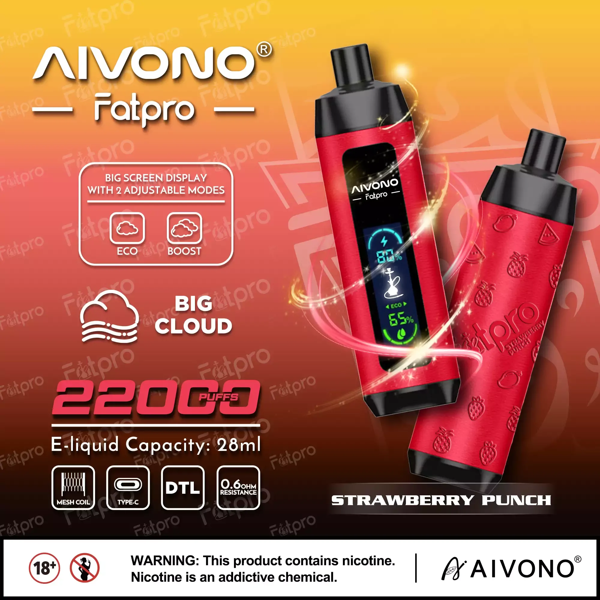 AIVONO Fatpro 22000 Züge Hookah Digitalanzeige DTL 0% 2% 3% 5% Nikotin Einweg-Vape Großhandel wiederaufladbar – Bild 4