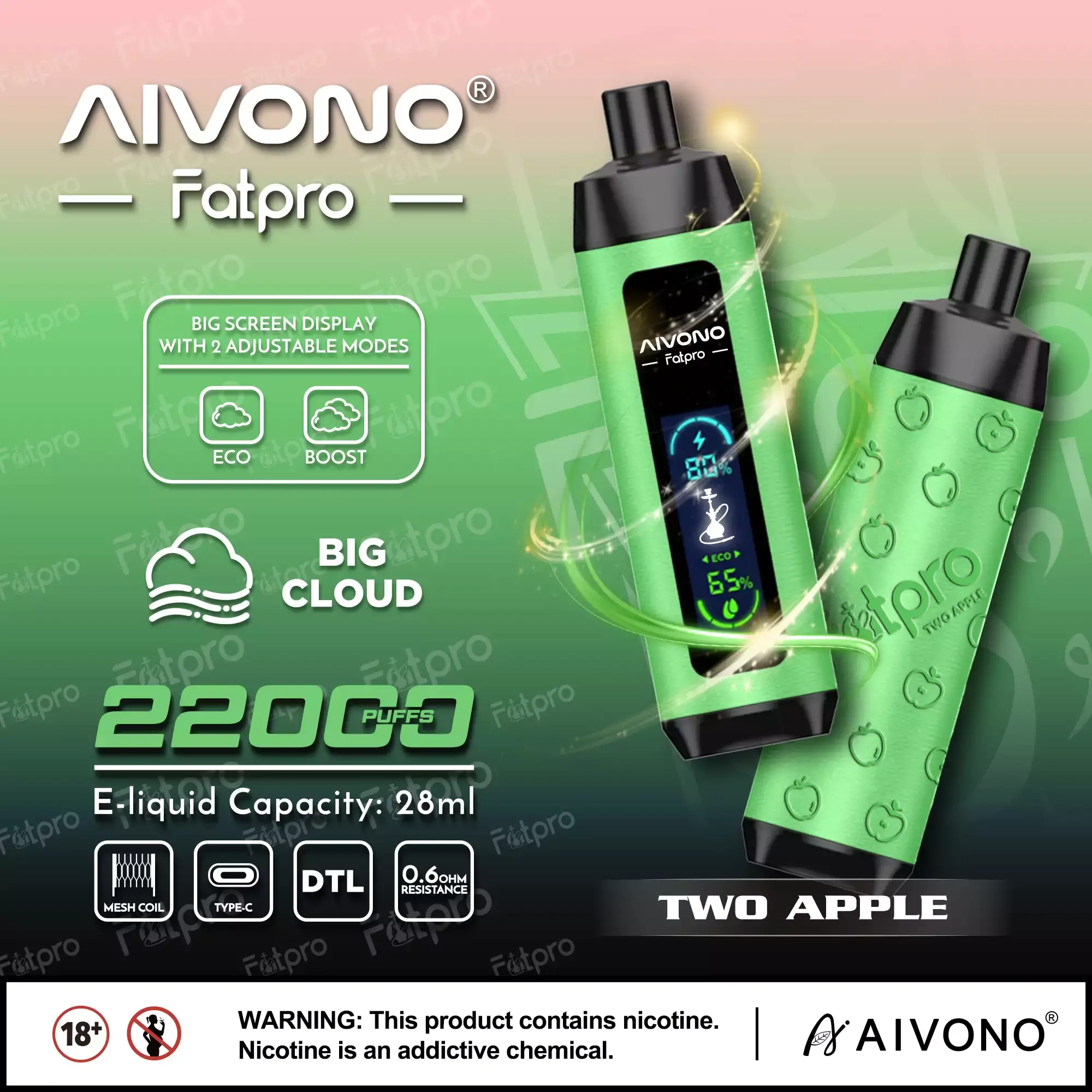 AIVONO Fatpro 22000 Züge Hookah Digitalanzeige DTL 0% 2% 3% 5% Nikotin Einweg-Vape Großhandel wiederaufladbar – Bild 3