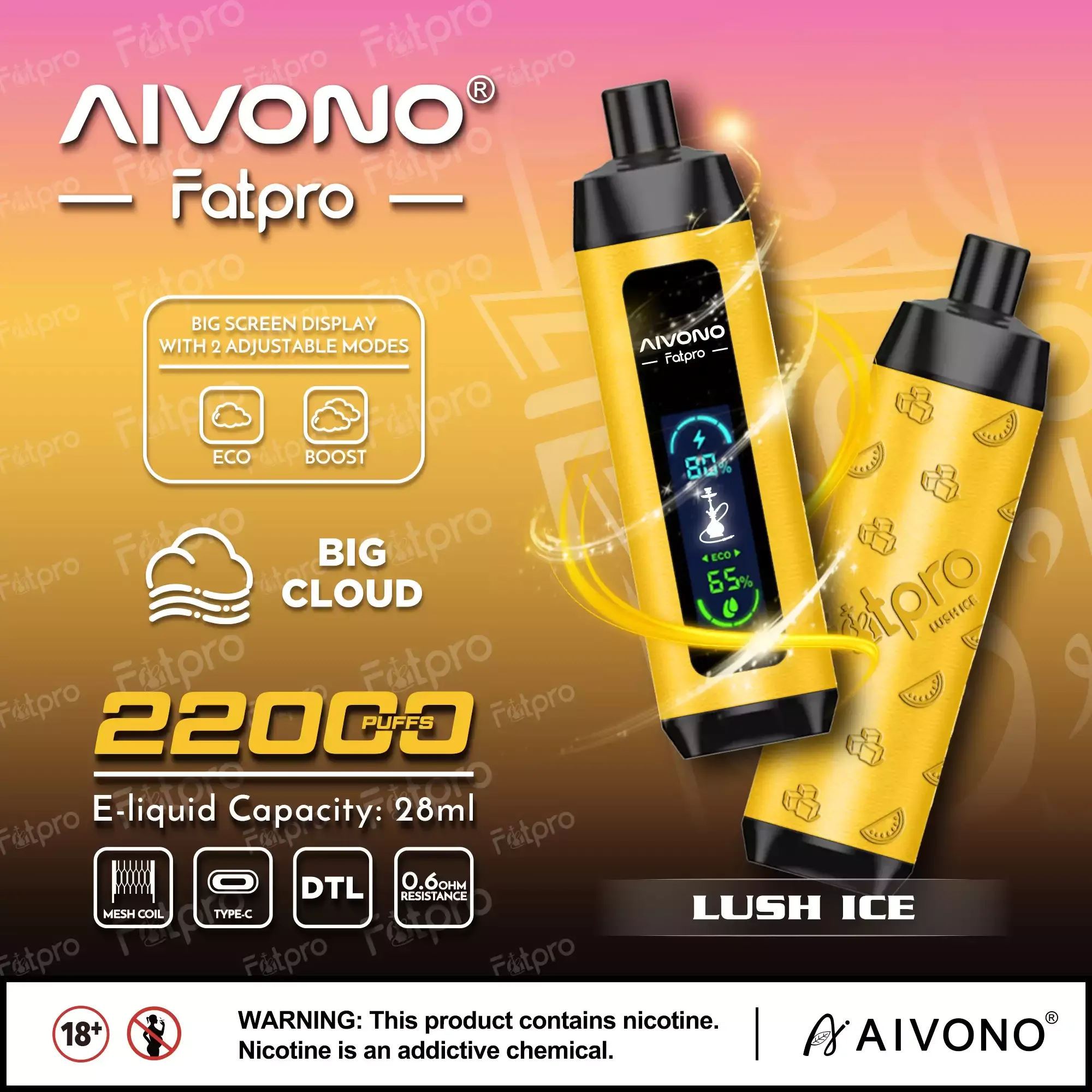 AIVONO Fatpro 22000 Züge Hookah Digitalanzeige DTL 0% 2% 3% 5% Nikotin Einweg-Vape Großhandel wiederaufladbar – Bild 2
