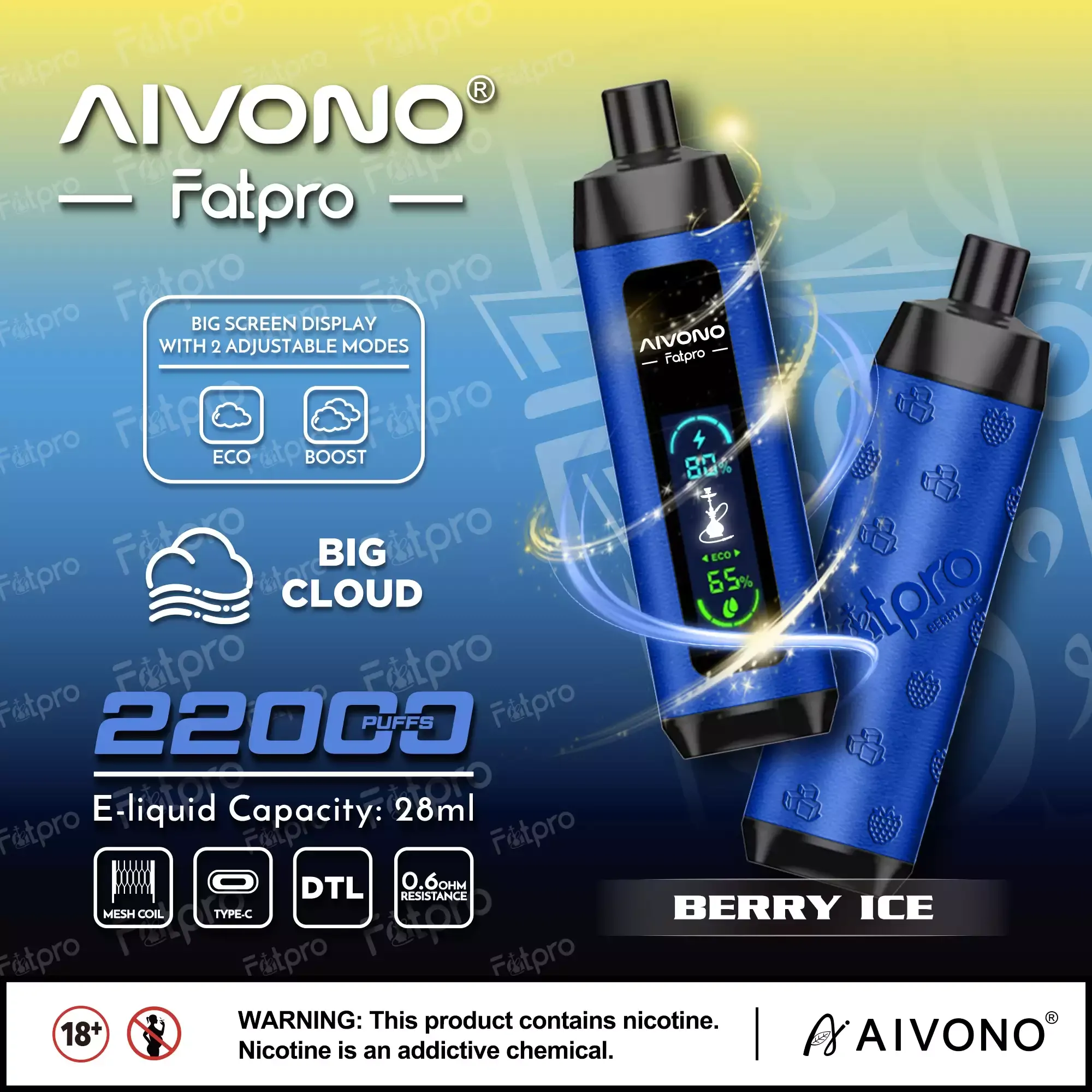 AIVONO Fatpro 22000 Züge Hookah Digitalanzeige DTL 0% 2% 3% 5% Nikotin Einweg-Vape Großhandel wiederaufladbar – Bild 11