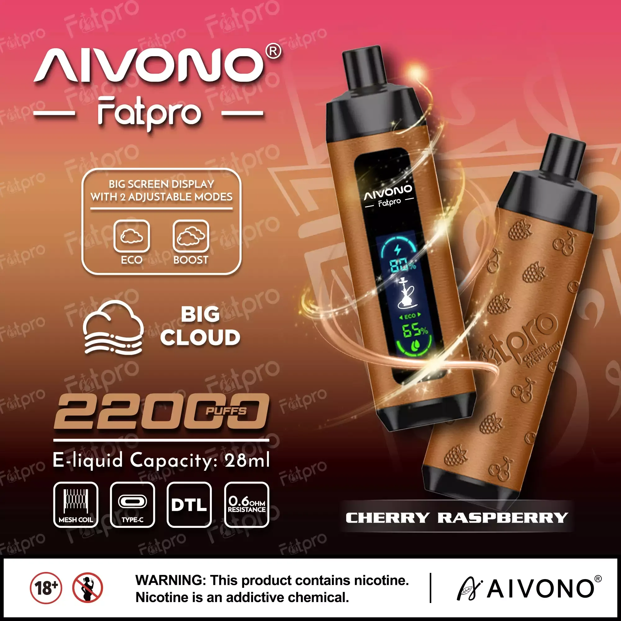 AIVONO Fatpro 22000 Züge Hookah Digitalanzeige DTL 0% 2% 3% 5% Nikotin Einweg-Vape Großhandel wiederaufladbar – Bild 9