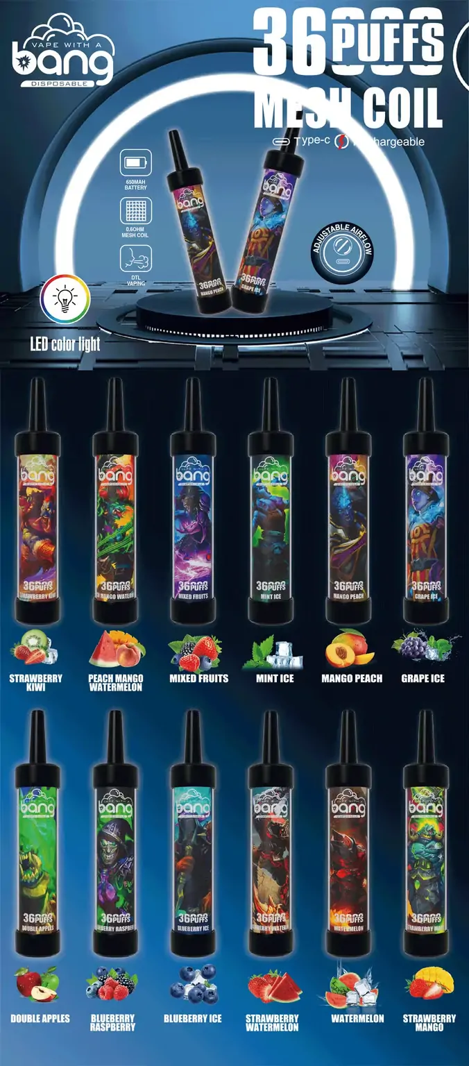 Bang 36000 Züge LED-Licht 0% 2% 3% 5% Niedriger Nikotingehalt Großhandel Wiederaufladbare Ergonomische Einweg-E-Zigarette
