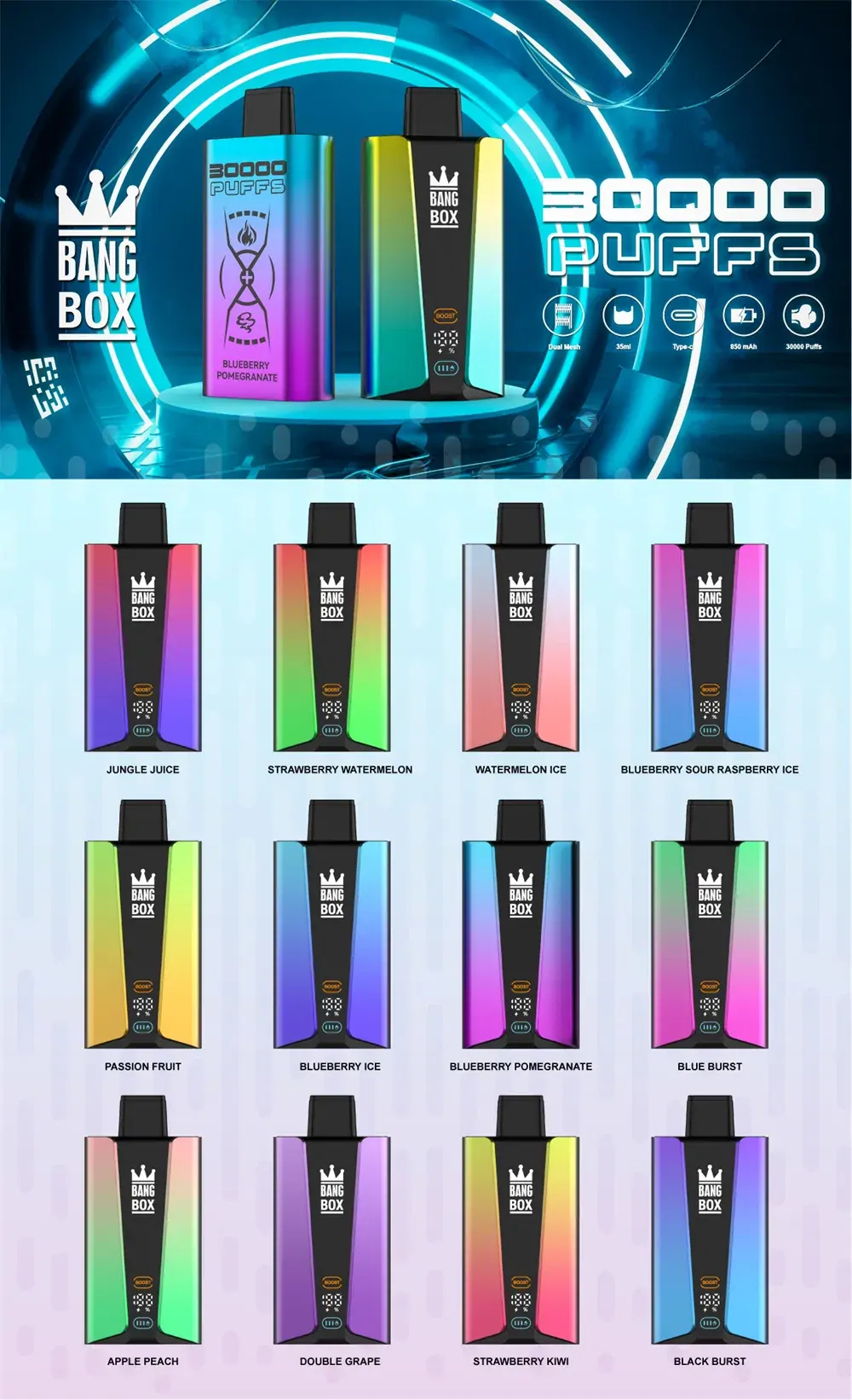 Bang Box 30000 Züge Dual-Mesh-Technologie Verstellbarer Luftstrom 0% 2% 3% 5% Niedriger Nikotingehalt Wiederaufladbare Einweg-Vapes Großhandel