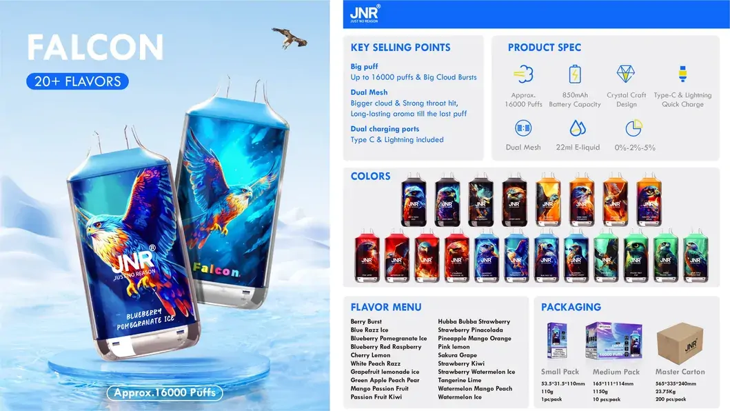 JNR Falcon 16000 Züge Dual Mesh Crystal Craft 2% Niedriges Nikotin Großhandel 20 Geschmacksrichtungen Wiederaufladbare Einweg-Vape Pen