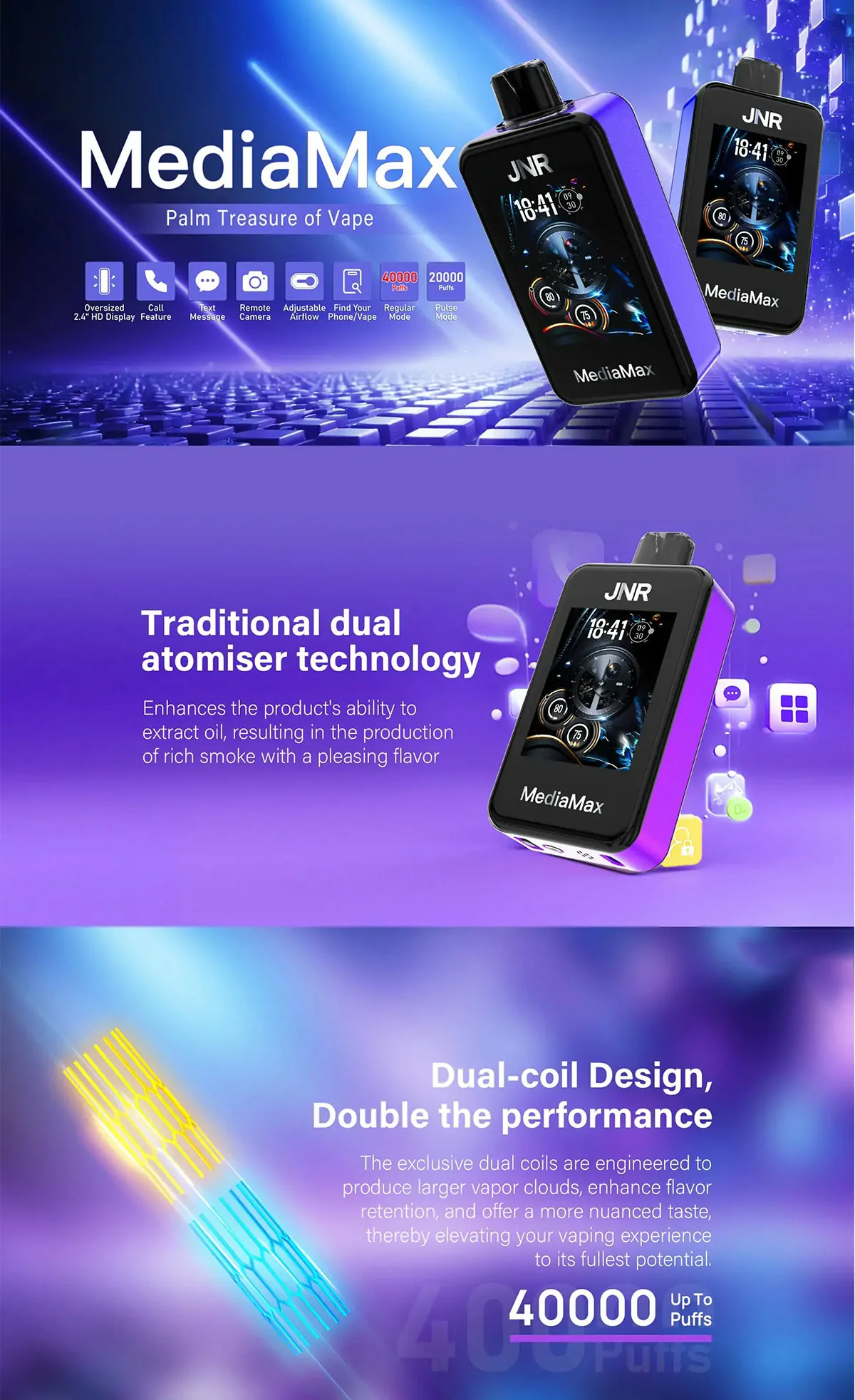 JNR Media Max 40000 Züge Dual-Mesh HD-Display Einstellbarer Luftstrom 5% Niedrignikotin Wiederaufladbare Einweg-E-Zigarette Großhandel
