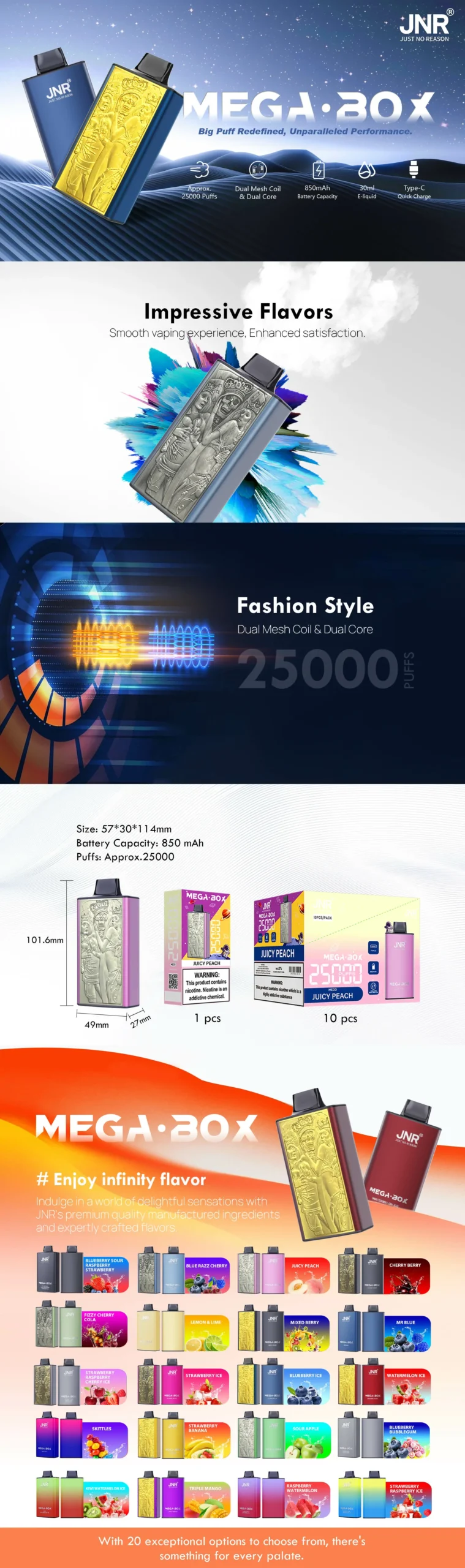 JNR Mega Box 25000 Züge Dual Mesh & Dual Core Technologie 0% 2% 5% Niedriger Nikotin Großhandel Einweg-Vape Stifte zum Großkauf