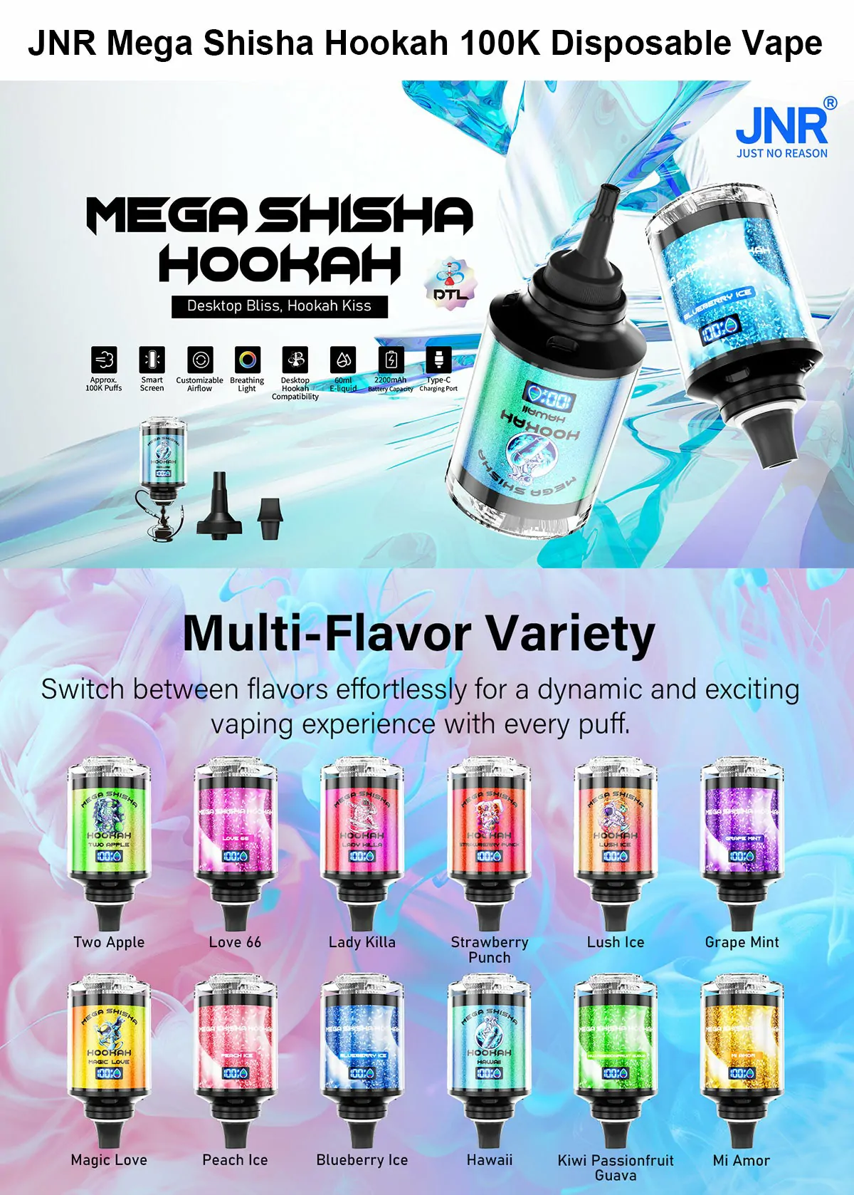 JNR Mega Shisha Hookah 100000 Züge Smart Display DTL-Dampfen 0% 2% 5% Niedriger Nikotin Großhandel Einweg-Vapes mit Aufladefunktion