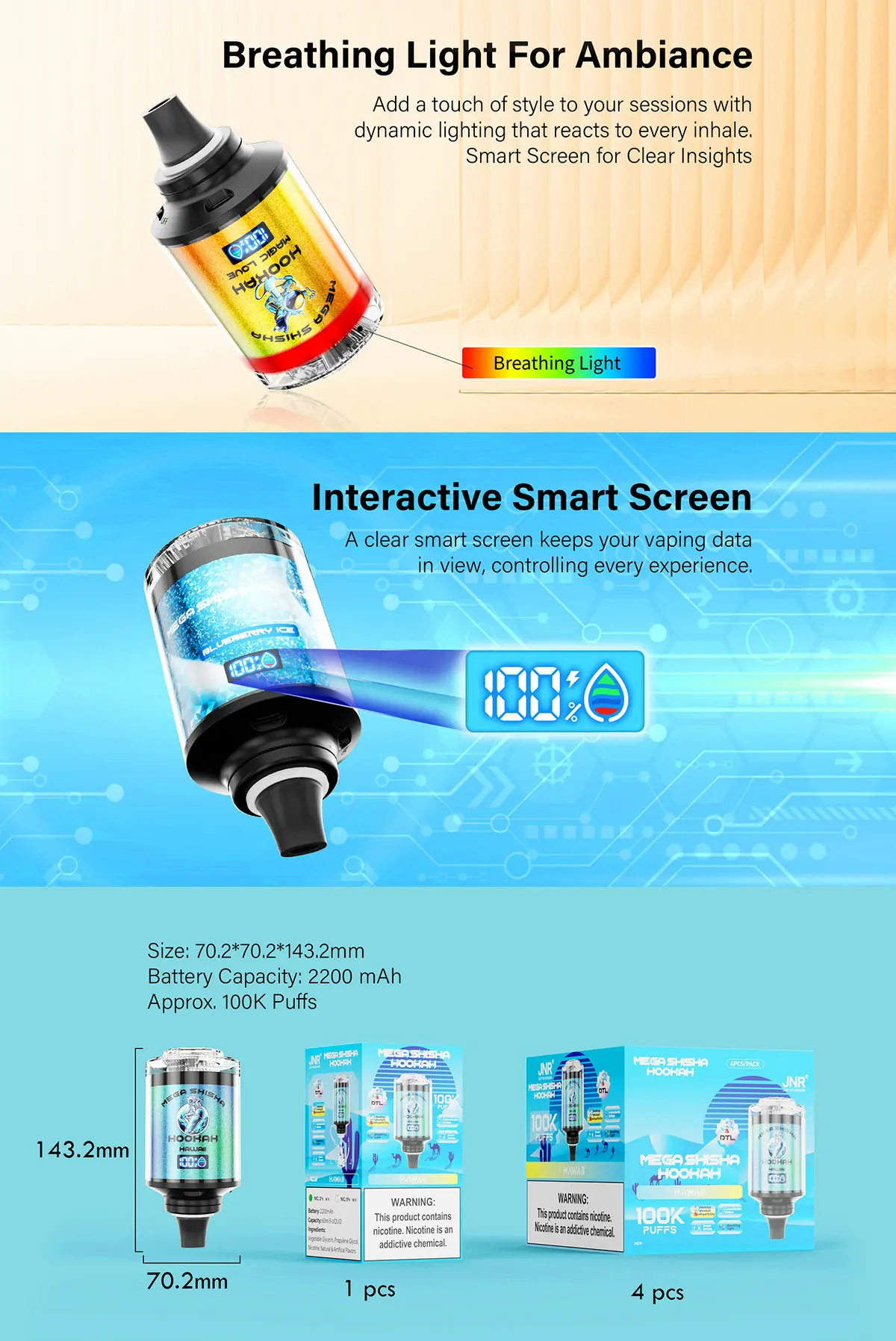 JNR Mega Shisha Hookah 100000 Züge Smart Display DTL-Dampfen 0% 2% 5% Niedriger Nikotin Großhandel Einweg-Vapes mit Aufladefunktion