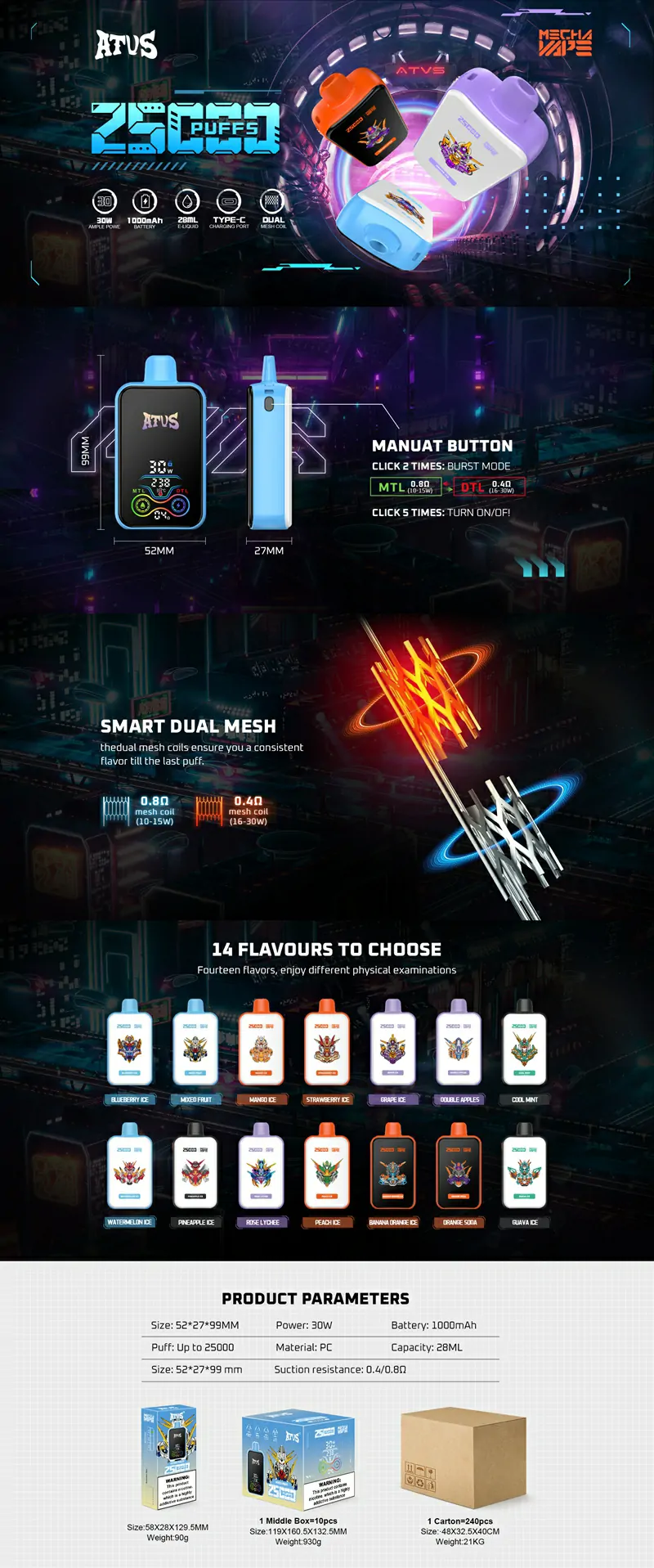 ATVS 25000 Züge Dual Mesh 5% Nikotin Niedrig Großhandel Leicht und Tragbar Wiederaufladbare Einweg E-Zigarette Pen