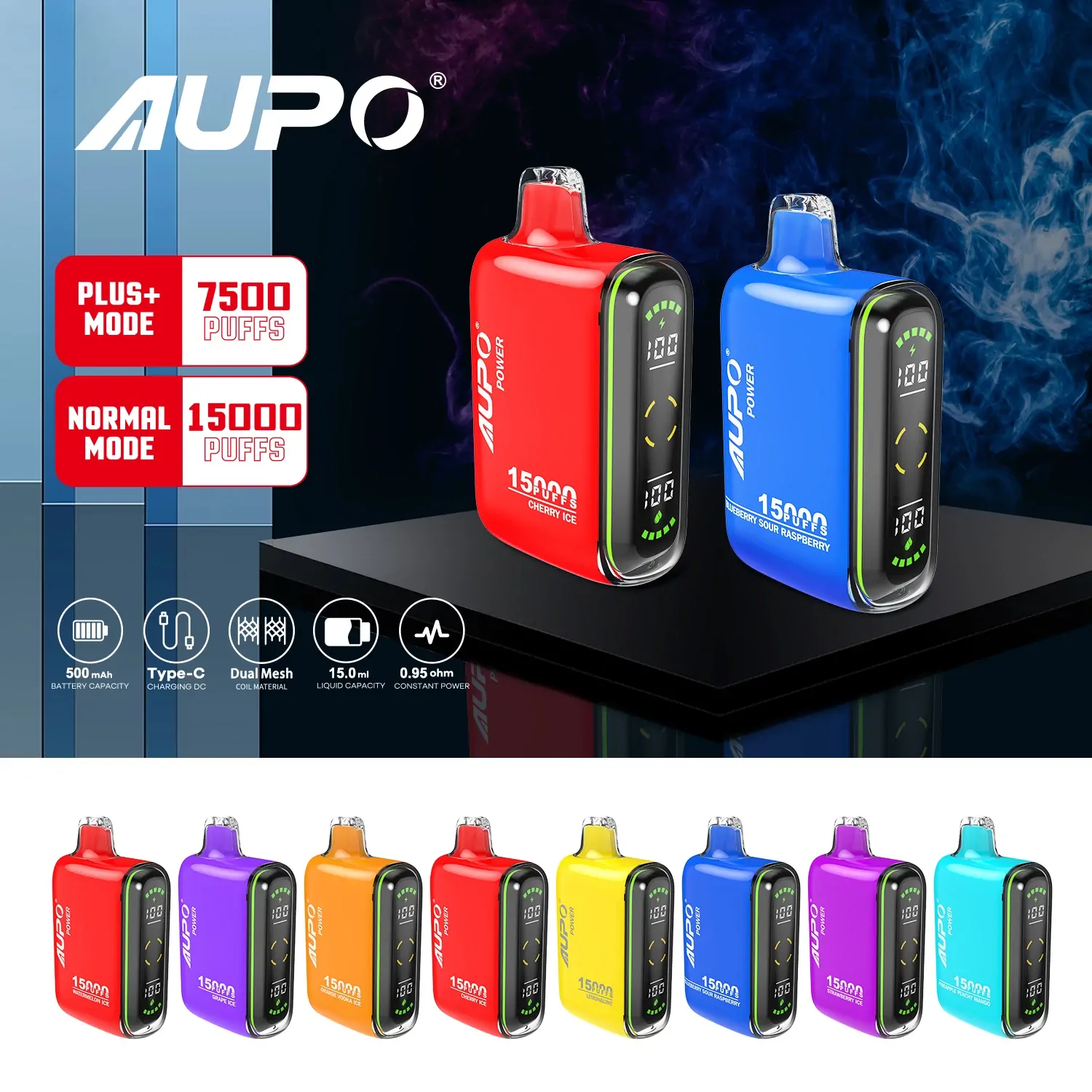 AUPO 15000 Züge Dual Mesh LED-Anzeige 2% Niedriger Nikotin Großhandel Einweg-Vapes Stifte Leichtes Design Aufladbar