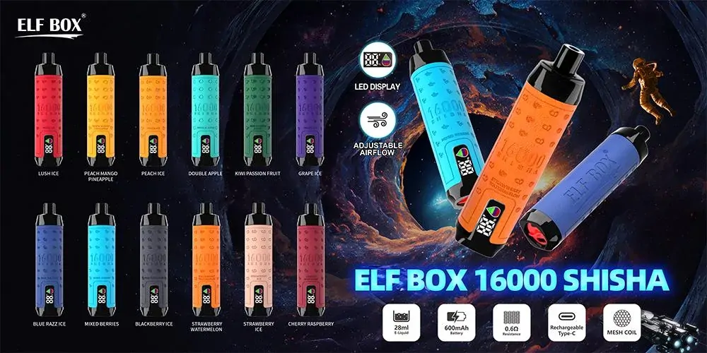 ELF BOX Shisha 16000 Züge anpassbare Luftstromregulierung 0%/2%/3%/5% Nikotin wiederaufladbar Großhandel E-Zigarette