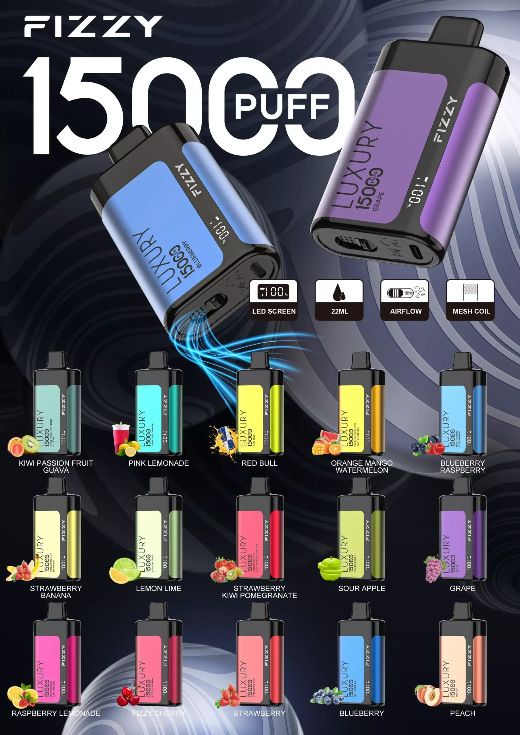 Fizzy Luxury 15000 Züge 2% 5% Niedriger Nikotingehalt LCD-Display Großhandel Mehrere Geschmacksrichtungen Wiederaufladbare Einweg E-Zigarette Pen – Europäisches Lager