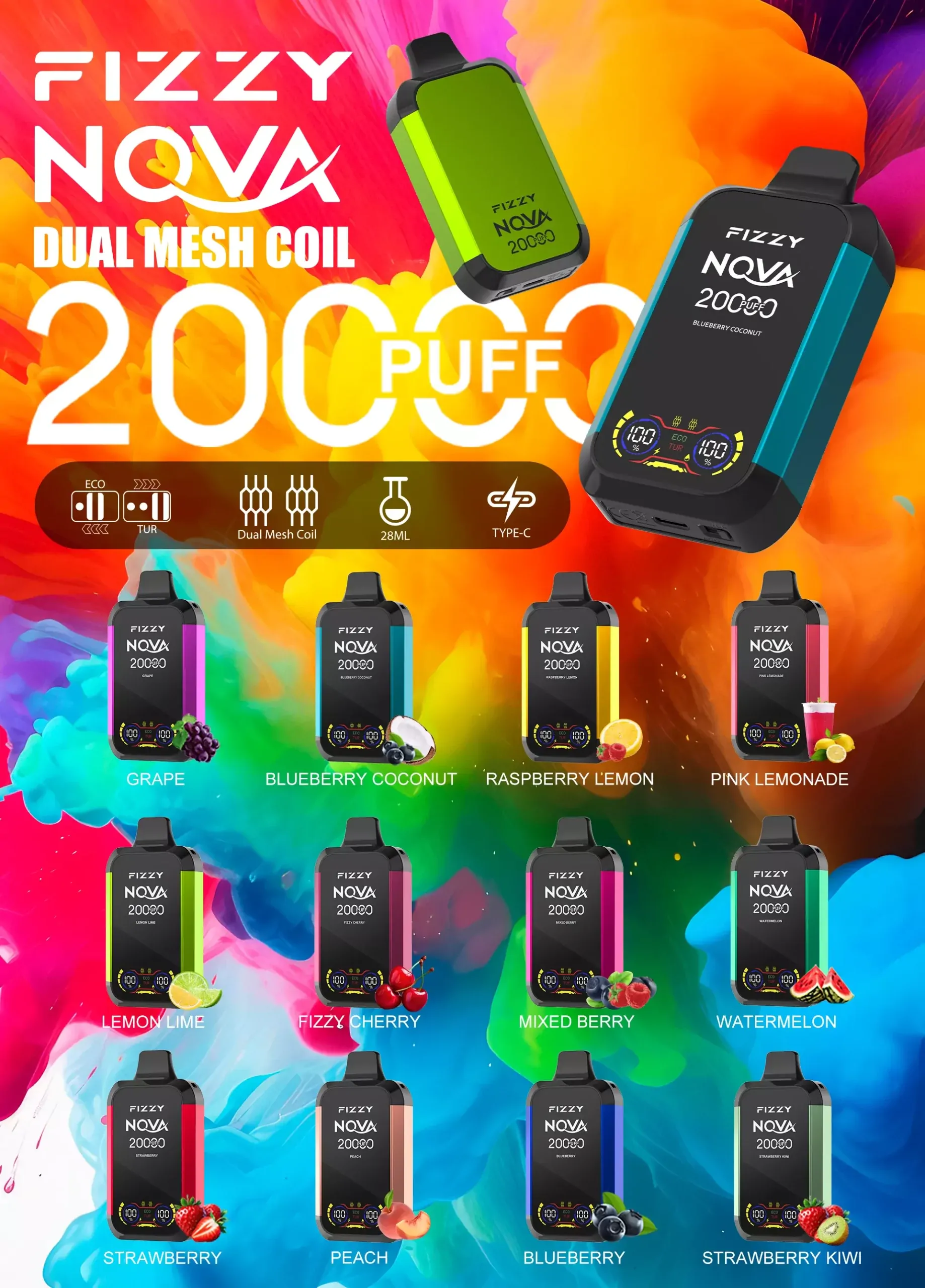 Fizzy Nova 20000 Züge Dual Mesh, LCD-Display, 2%/5% Nikotin, wiederaufladbar – Einweg E-Zigarette für Großhandel & Bulk-Buy direkt aus europäischem Lager