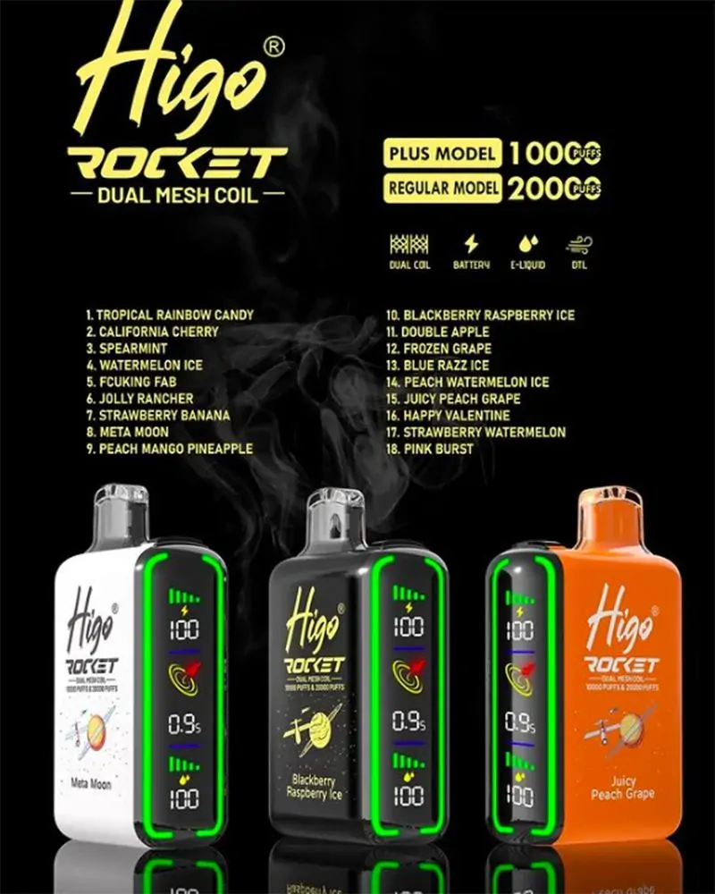 Higo ROCKET 20000 Züge 2% 5% Niedriger Nikotingehalt Großhandel Mehrere Geschmacksrichtungen Wiederaufladbare Einweg-E-Zigarette Pen