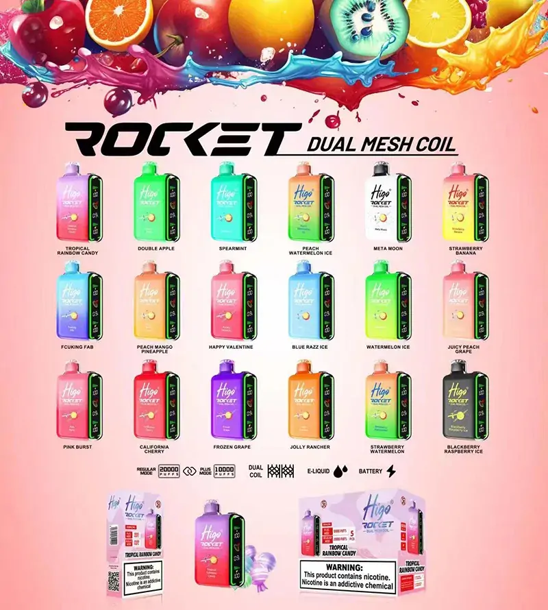 Higo ROCKET 20000 Züge 2% 5% Niedriger Nikotingehalt Großhandel Mehrere Geschmacksrichtungen Wiederaufladbare Einweg-E-Zigarette Pen