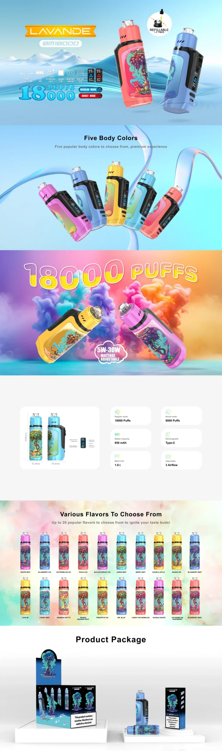 Lavande BM18000 Züge – Wiederaufladbare Einweg E-Zigarette mit Digitaldisplay, niedrigem Nikotingehalt, stylischem Design, Großhandel & Bulk kaufen