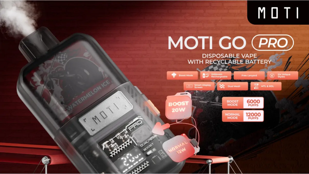 MOTI Go Pro 12000 Züge – Wiederaufladbare Einweg E-Zigarette mit Dual Mesh, Smart Screen, 2%/5% Nikotin, Großhandel