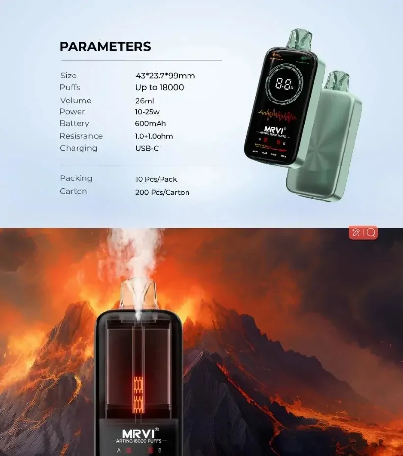 MRVI Arting 18000 Züge – Dual Mesh, Full-Screen-Display, 2%/5% Nikotin, wiederaufladbar, Einweg E-Zigarette, große Auswahl an Geschmacksrichtungen, Bulk-Buy & Großhandel