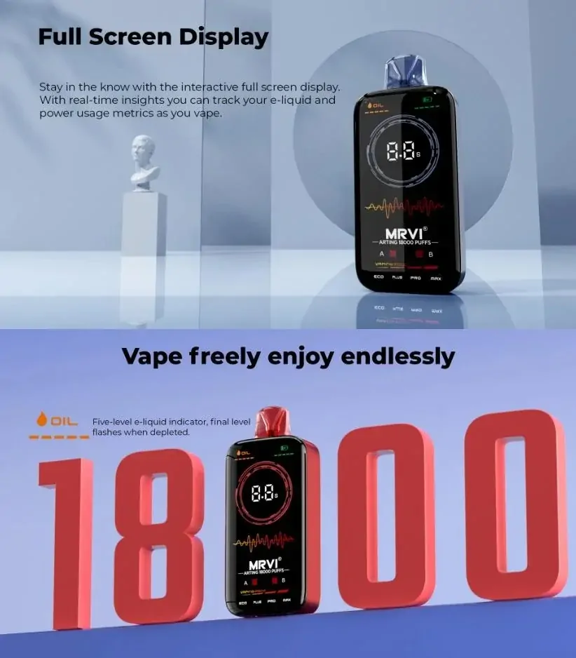 MRVI Arting 18000 Züge – Dual Mesh, Full-Screen-Display, 2%/5% Nikotin, wiederaufladbar, Einweg E-Zigarette, große Auswahl an Geschmacksrichtungen, Bulk-Buy & Großhandel