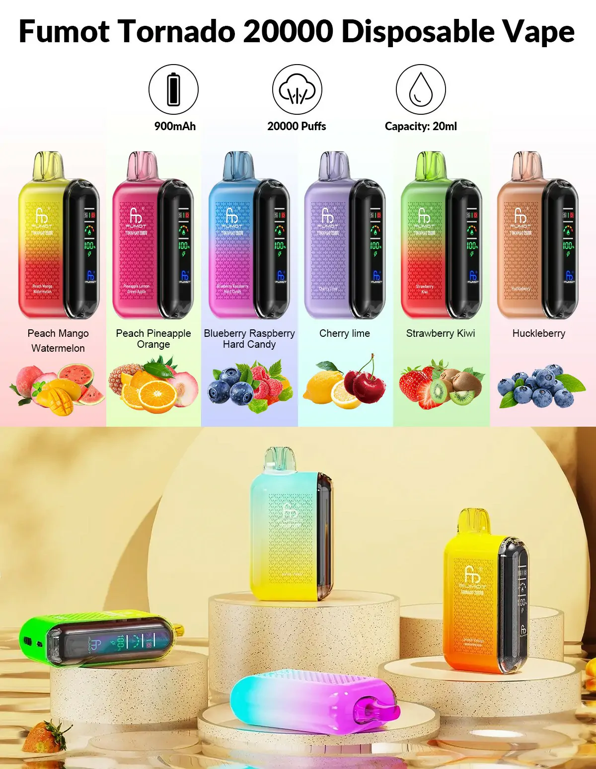 RandM Fumot Tornado 20000 Züge – Wiederaufladbarer Einweg Vape mit Dual Mesh Coil, Digitaldisplay, 0%/2%/3%/5% Nikotin, große Auswahl an Geschmacksrichtungen, Bulk & Großhandel