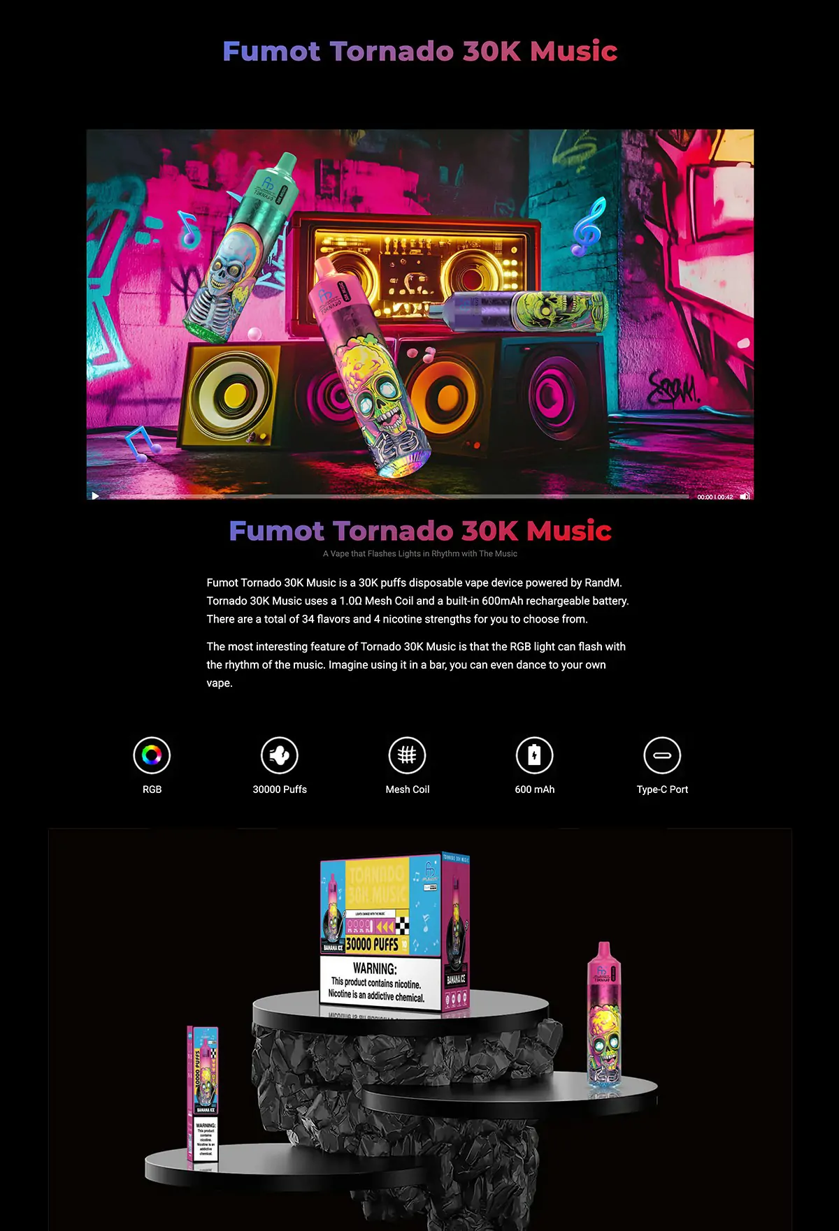 RandM Fumot Tornado 30000 Züge Musik – Wiederaufladbarer Einweg-Vape mit 0%, 2%, 3%, 5% Nikotin, große Geschmacksvielfalt, Bulk & Großhandel