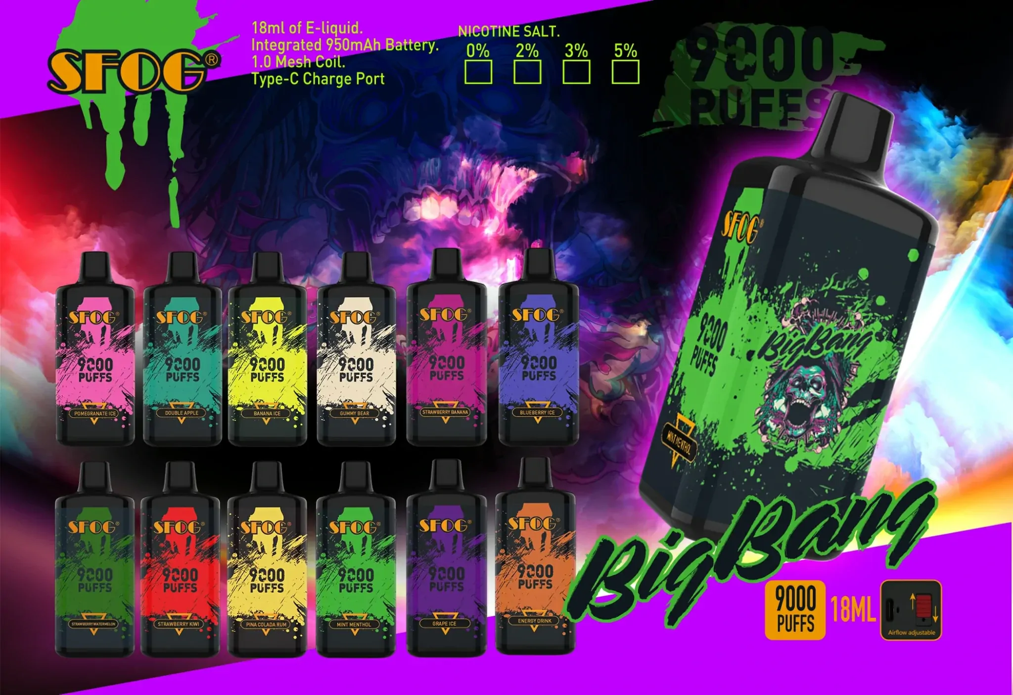 SFOG BIG BANG 9000 Züge Einstellbare Luftzufuhr 0% 2% 3% 5% Nikotin Aufladbar Großhandel Einweg-Vape im Großkauf