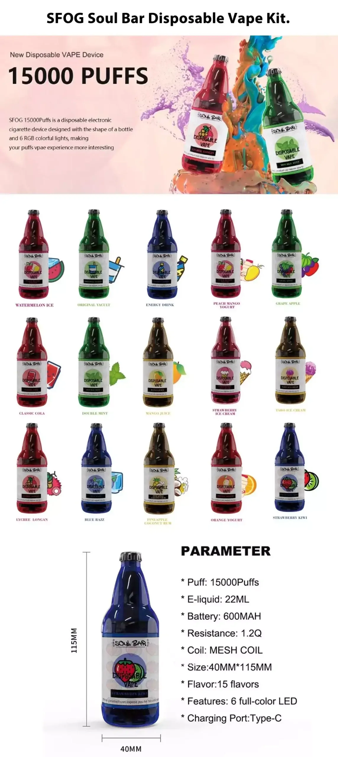 SFOG Soul Bar 15000 Züge Mehrere Geschmacksrichtungen Aufladbare Großhandelskauf Wegwerf-Vape