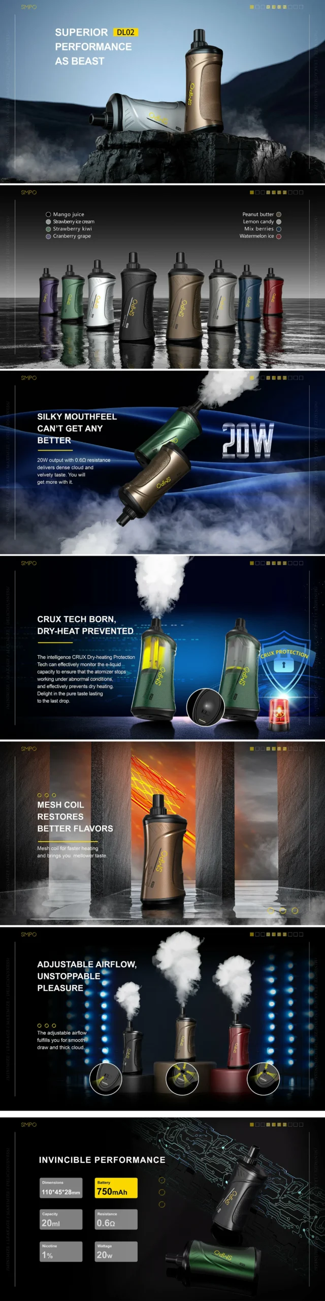 SMPO DL02 10000 Züge – Wiederaufladbare Einweg E-Zigarette mit CRUX Dry-Burn-Schutz, 1% Nikotin, Großhandel & Bulk Buy