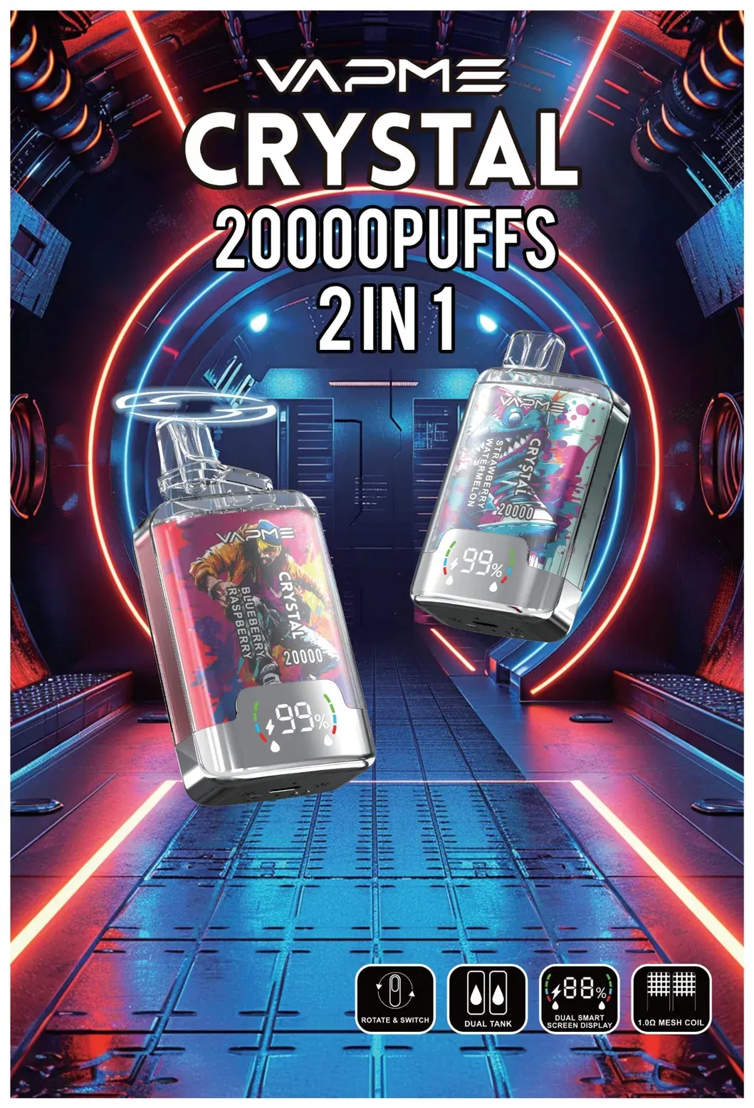 VAPME Crystal 20000 Züge Doppelgeschmack LED-Display 2% Nikotin Wiederaufladbar Leicht Tragbar Einweg E-Zigarette Großhandel