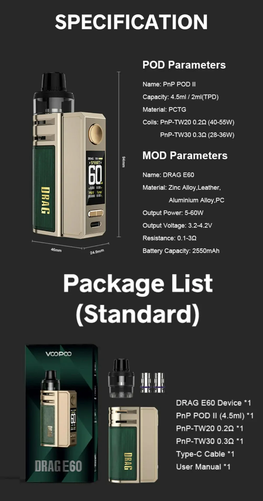 VOOPOO DRAG E60 Pod-System Mod-Kit