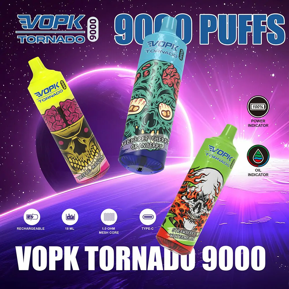VOPK TORNADO 9000 Züge LED-Beleuchtung 0% 2% 3% 5% Niedriger Nikotingehalt Wiederaufladbare Einweg-E-Zigarette Großhandel