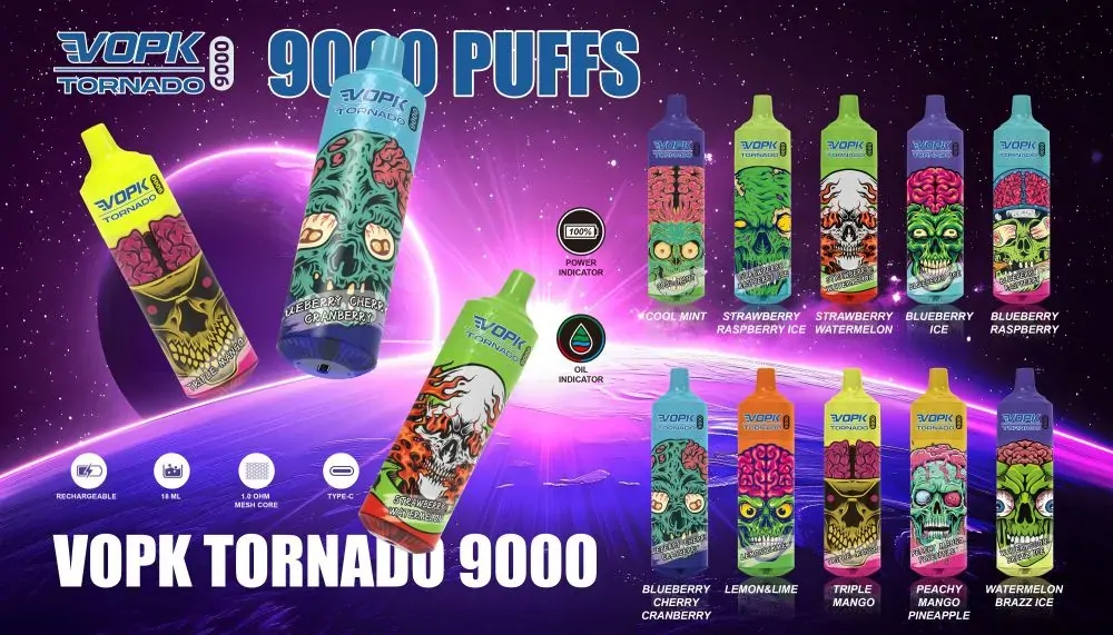 VOPK TORNADO 9000 Züge LED-Beleuchtung 0% 2% 3% 5% Niedriger Nikotingehalt Wiederaufladbare Einweg-E-Zigarette Großhandel