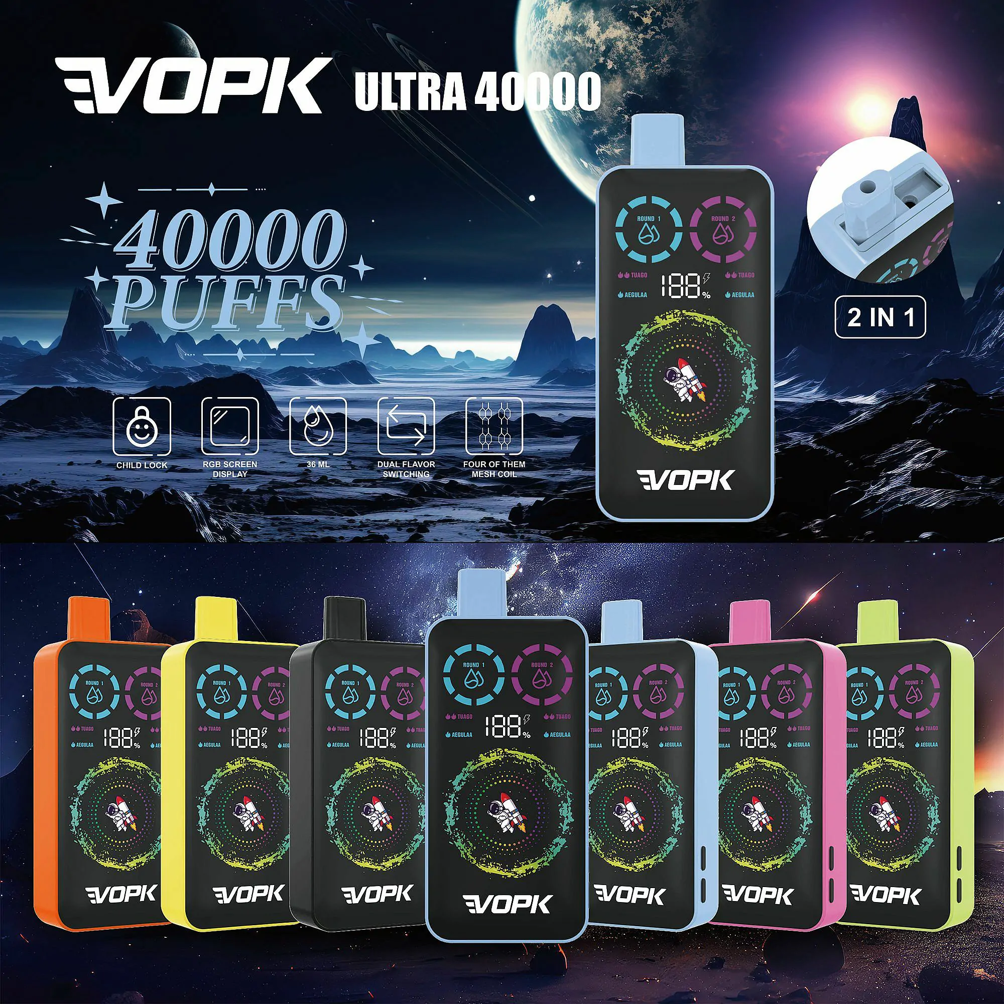 VOPK ULTRA 40000 Züge Doppelaroma Digitaldisplay 2% Niedriger Nikotin Großhandel Einweg-Vapes Stifte Wiederaufladbar Portabel