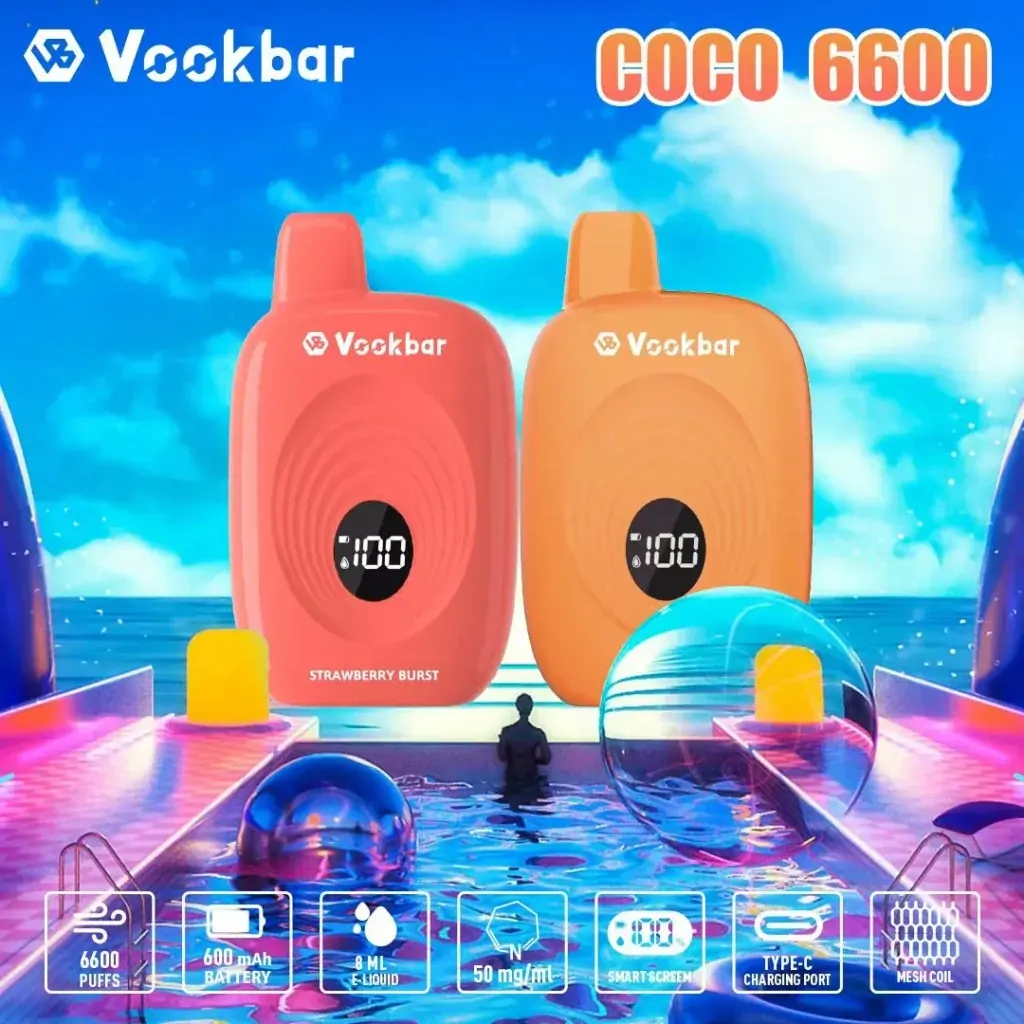 Vookbar Coco 6600 Züge – Wiederaufladbare Einweg Vape mit Digitalanzeige, 3% Nikotin, ergonomischem Design & Großhandel für Bulk-Bestellungen