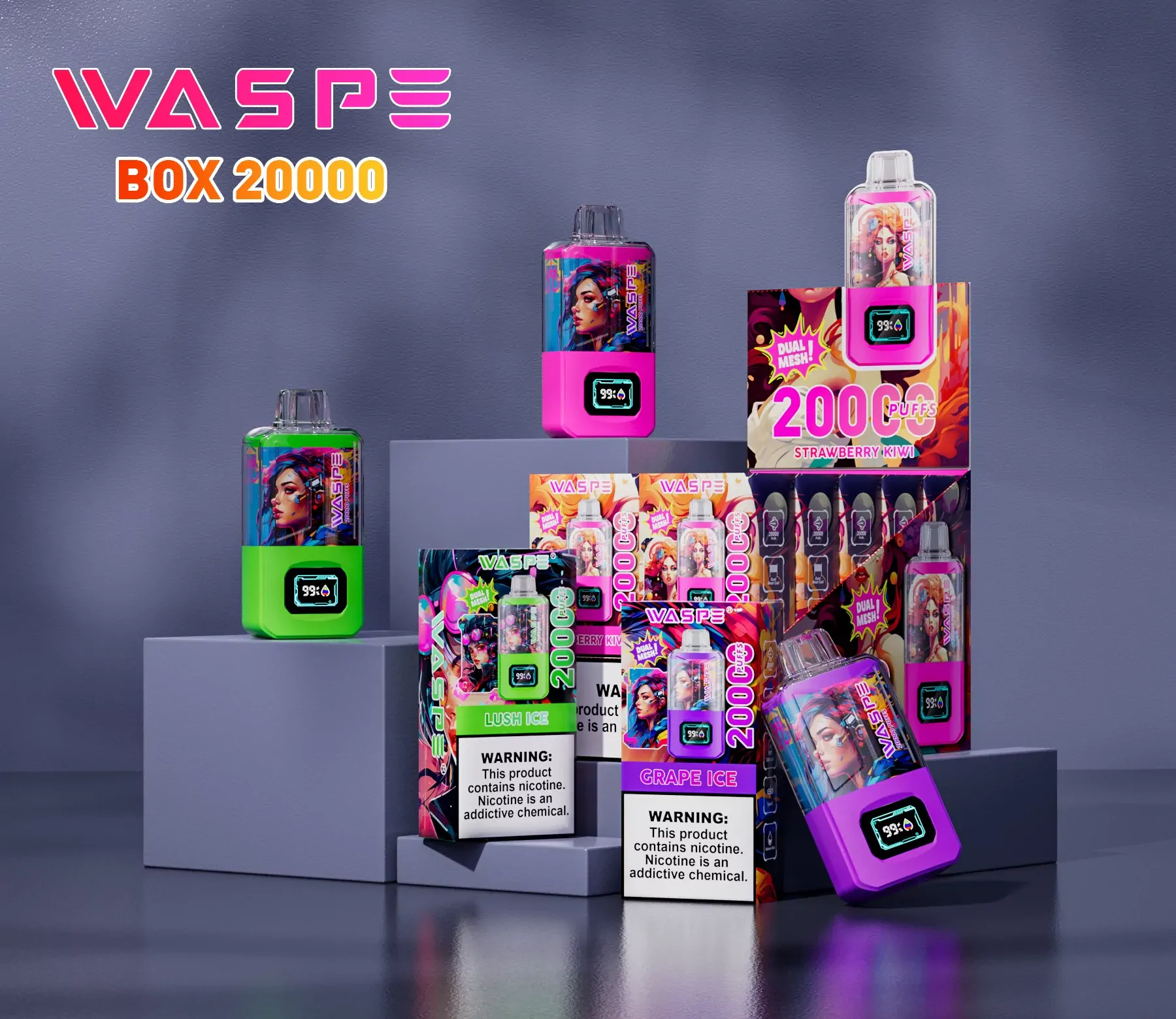 WASPE 20000 ZÜGE Dual Mesh Box LCD Anzeige 0% 2% 3% 5% Nikotin Einweg Vape Großhandel