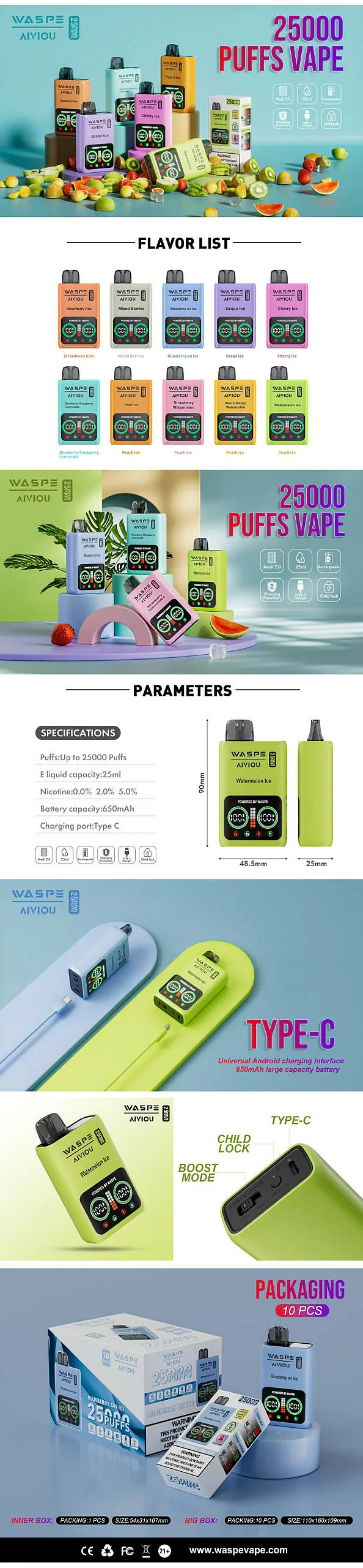 WASPE 25000 ZÜGE Dual Mesh Box Wiederaufladbar Einweg E-Zigarette mit LCD-Display 0% 2% 3% 5% Nikotin Geringer Nikotingehalt Großhandel