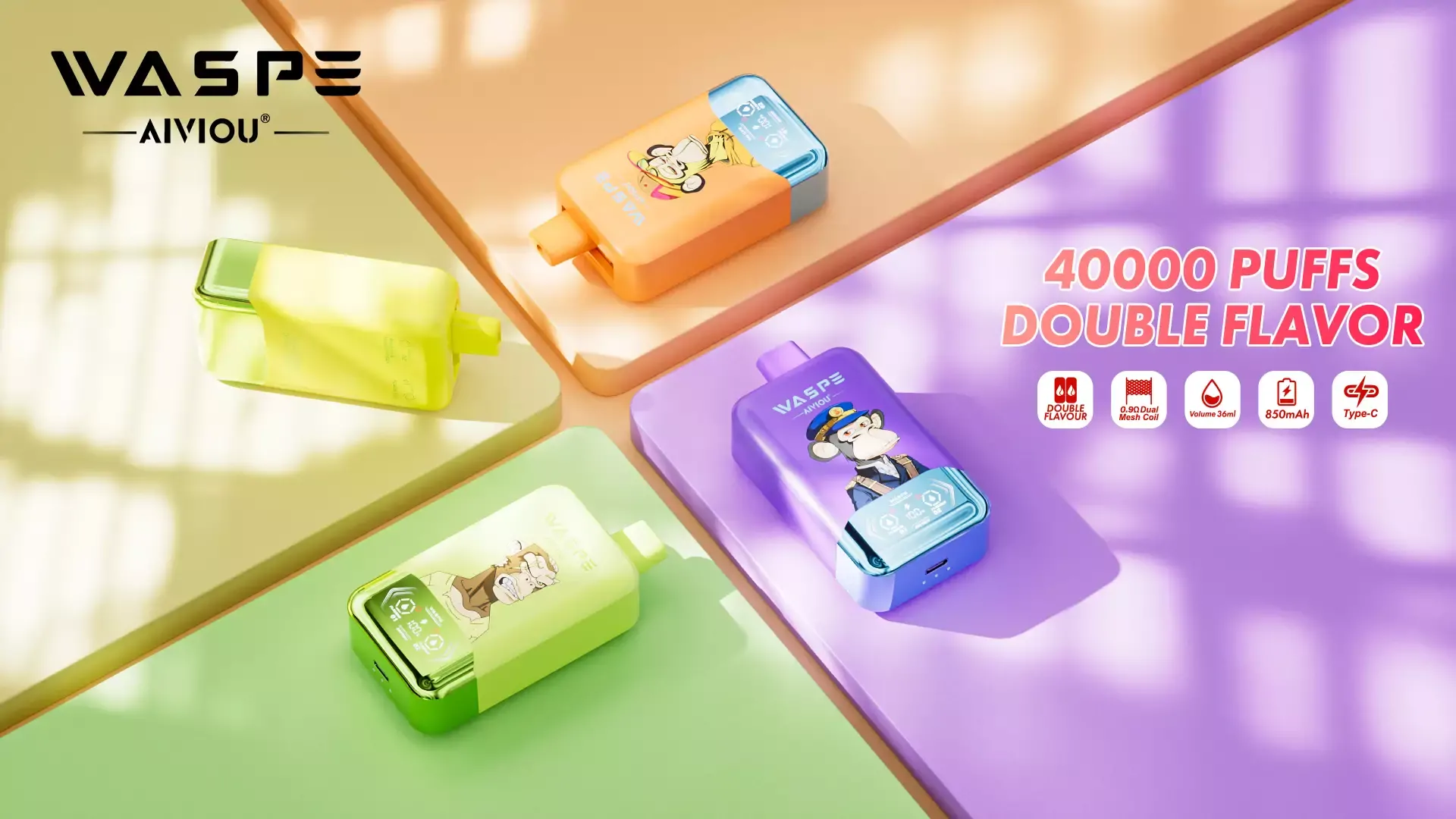 WASPE AIVIOU 40000 Züge Doppelgeschmack LED-Anzeige 0% 2% 5% Niedriger Nikotingehalt Großhandel Wiederaufladbar Tragbares Design Einweg-E-Zigaretten Pen