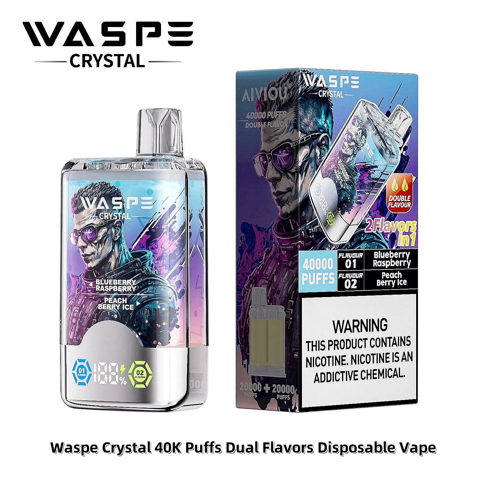 WASPE Crystal 40000 Züge Doppelgeschmack LED-Anzeige 0% 2% 5% Niedriges Nikotin Großhandel Wiederaufladbare Einweg-E-Zigaretten – Bild 4