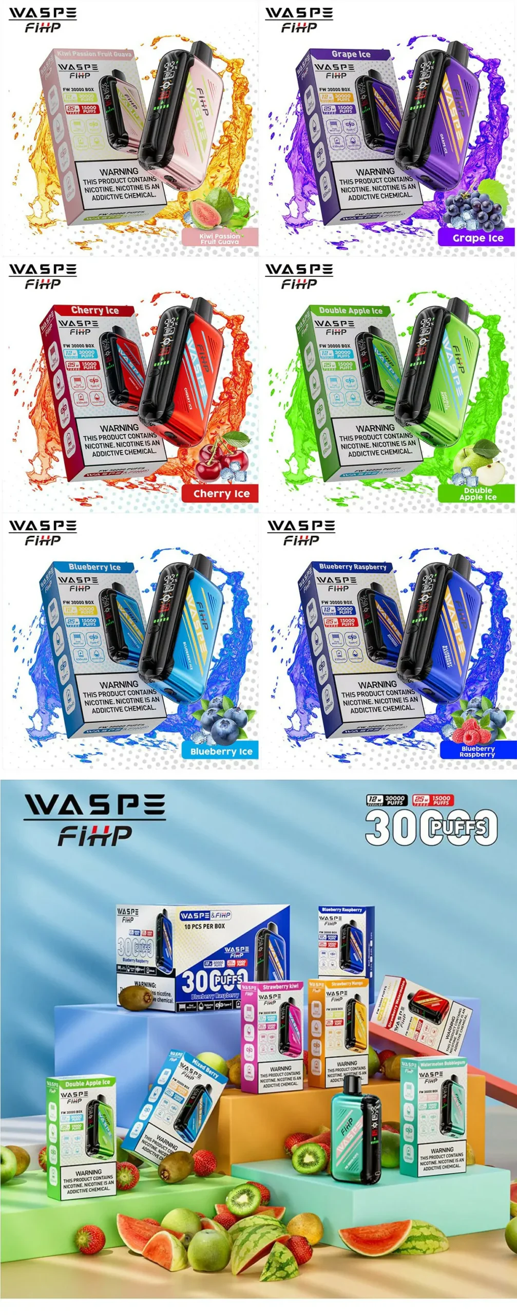 WASPE FIHP 30000 Züge Dual-Mesh-Technologie LED-Display Einstellbarer Luftstrom 0% 2% 5% Niedriger Nikotingehalt Wiederaufladbare Einweg-E-Zigaretten Großhandel