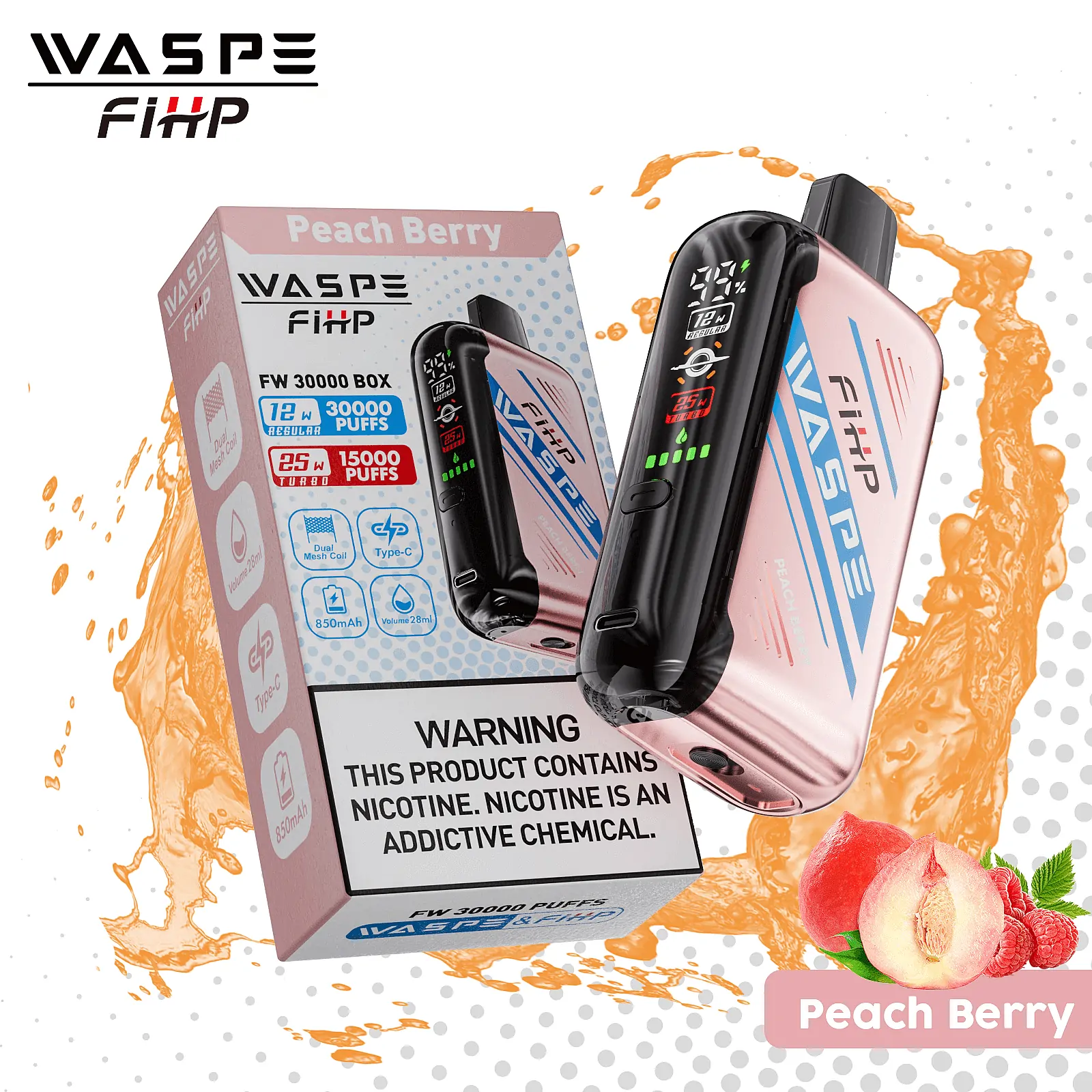 WASPE FIHP 30000 Züge Dual-Mesh-Technologie LED-Display Einstellbarer Luftstrom 0% 2% 5% Niedriger Nikotingehalt Wiederaufladbare Einweg-E-Zigaretten Großhandel – Bild 5